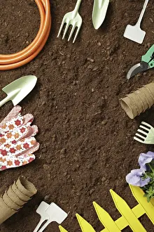 Garden Landscape Photography Drucke: Top down view of garden tools, gloves