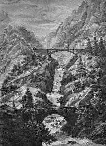 Wood Engraving 1880 Drucke: View of the Gotthardbahn railway line