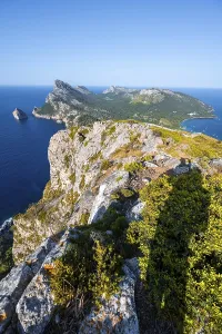 Mallorca Travel Destination Drucke: View of headland with cliffs and sea