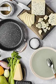 High Angle Shot Of Food Drucke: Top view of ingredients for risotto with pink rice