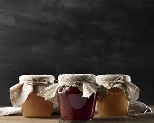 Sweet Breakfast Food Drucke: Front view jam jars with copy space