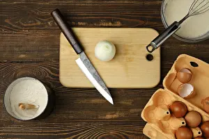Top View Of Meal Preparation Drucke: Top view of kitchen table with ingredients for omelette