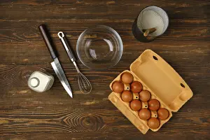 Kitchen Table Scene Drucke: Top view of kitchen table with ingredients for scrambled egg