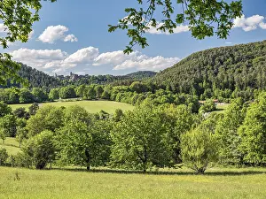 Drucke von Blick über Wiesen und Wald nach Schloss Altdahn, Grafendahn und Tanstein im Frühjahr, Schindhard, Dahn, Dahner Felsenland, Pfälzerwald, Südwestpfalz, Rheinland-Pfalz Deutschland Schloss Drucke: Blick über Wiesen und Wald auf Schloss Altdahn.