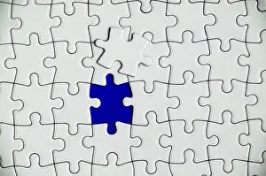 Empty White Background Drucke: Top view of missing jigsaw puzzle