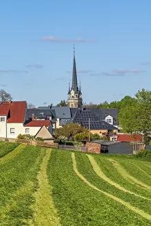 European Farmland View Drucke: View across a mowed field to St