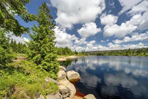 Central European Nature Scene Drucke: A view of the Oderteich in the Harz Mountains under a blue sky
