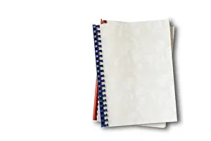 Bright Light Colored Background Drucke: Top view of old plastic ring binding notepad paper files isolated on white background with clipping path