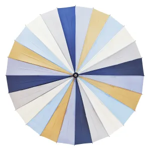Bright Copy Space Image Drucke: Top view of an open striped multicolor umbrella against white background