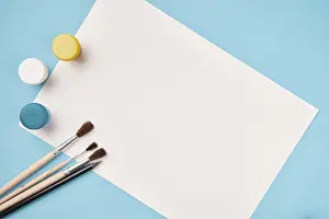 Educational Institution Supplies Drucke: Top view of paint and brush. school table top view