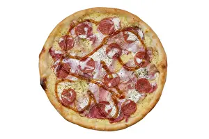 Isolated White Background Images Drucke: Top view of pizza with prosciutto