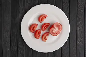 Colorful Still Life Drucke: Top view of plate with tomato
