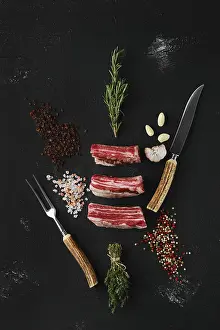 Plain Colored Background Food Image Drucke: Top view of raw beef short ribs