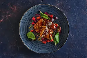 Weight Loss Meals Inspiration Drucke: Top view of roasted pike served with beetroot