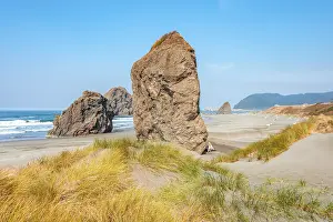 Sandy Beach Landscape Drucke: View over sandy beach with large monolithic rocks