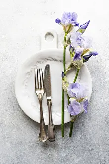White Ceramic Plate Drucke: Top view of a sophisticated table setting featuring a white ceramic plate