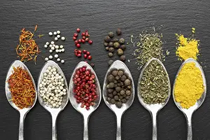 Kitchen Utensil Stock Photos Drucke: Top view spoons with powder condiments