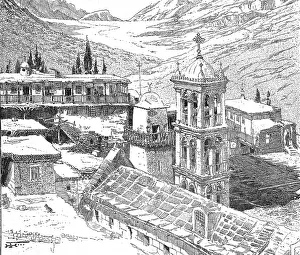 Woodcut Reproduction Drucke: View of St. Catherine's Monastery