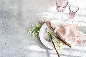 Fresh Spring Flowers Drucke: Top view of a stylish table setting featuring fresh snowdrops