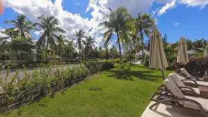 Drucke von Blick auf eine sonnige Landschaft mit Palmen, Sonnenliegen und einem blauen Himmel mit weißen Wolken, Bayahibe, Dominikanische Republik Dominikanische Republik Drucke: Blick auf eine sonnige Landschaft mit Palmen.