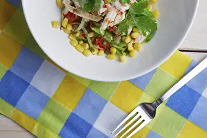 Colorful Salad Bowl Drucke: Top view of part of table with salad with corn
