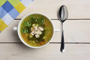 Seafood Dish Drucke: Top view of table with served fish soup
