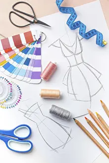 Office Work Station Drucke: Top view tailoring set with fabric samples