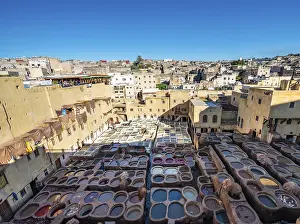 Historic Old Town District Drucke: View over tannery, workers dyeing leather