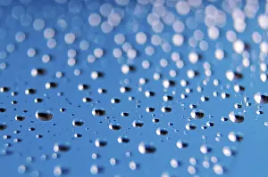 Symbolic Rain Picture Drucke: Side view of tiny water droplets on a clear blue background