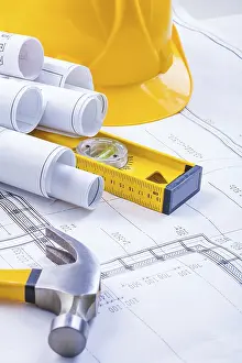 Protective Clothing Industry Drucke: View on tools hammer blueprints level hardhat