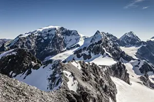 Drucke von Blick von der Tuckettspitze, Stilfser Joch, auf Ortler, Thurwieser und Königspitze, unterhalb des Tuckettjochs, Trafoiertal, Ötztaler Alpen, Ötztaler Gebiet, Naturpark Stelvio , Provinz Südtirol Treviso Drucke: Blick von der Spitze des Tuckettspitze.