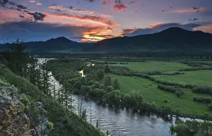 Deserted River Landscape Drucke: View of Tuul river during sunset