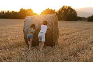 Sunset Farm Scene Drucke: Back view of two unrecognizable children
