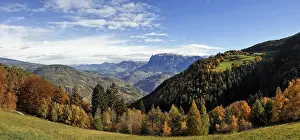 European Alpine Landscape Drucke: View from the viewing platform to the Eisack valley and the mountain Schlern