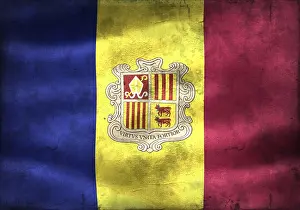 Drucke von Antikes Aussehen Andorra-Flagge - realistische wogende Stoffflagge Andorra Drucke: Antikes Aussehen Andorra-Flagge - realistische wogende Stoffflagge.