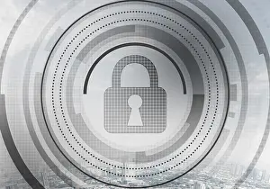 Data Protection Online Drucke: Virtual locking mechanism on background of downtown