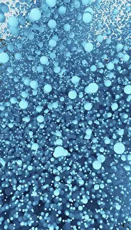 Computer Graphic Art Drucke: A visually striking 3D render showcasing a dense cluster of floating blue spheres with dynamic shading