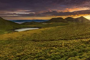 Deserted Island Photography Drucke: Volcano cone at sunrise with dramatic lighting