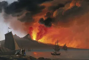 Historic Landscape Art Drucke: A volcano erupting in the background