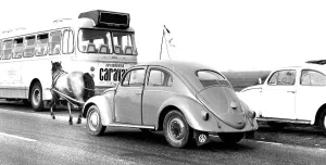 Voller Ernst Drucke: Die VW-Käfer wird von einem Perd mit einer PS gezogen
