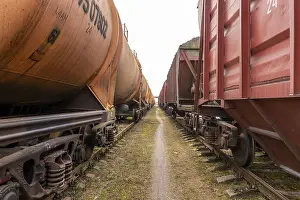 Deserted Railway Station Drucke: Walking between two cargo trains