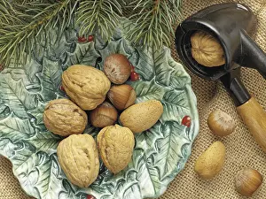 Deserted Indoor Space Photo Drucke: Walnuts, almonds, hazelnuts, nutcracker