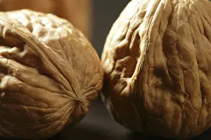 Deserted Walnut Scene Drucke: Three walnuts with shells over black background and shadows