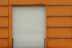 Modern Architecture Building Drucke: Warehouse gate, place of unloading and loading goods