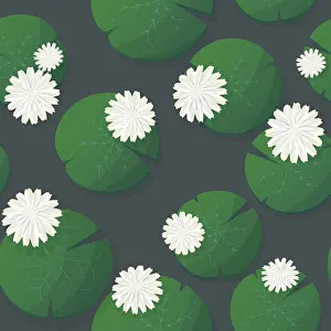 White Background Decoration Drucke: Water Lily seamless vector pattern floating over white background