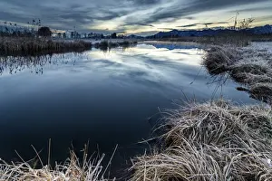 German Federal Republic Waterscapes Drucke: Water surface of the Ach with reflection and dramatic sky