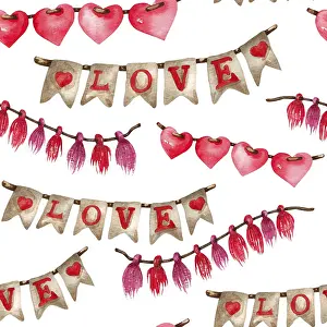 Romanticism Concept Image Drucke: Watercolor seamless pattern of love elements
