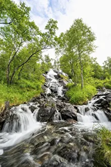 Norway Waterfall Drucke: Waterfall in forest between birch trees