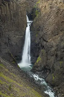 Deserted Waterfalls Europe Drucke: Waterfall Litlanesfoss between columnar basalt