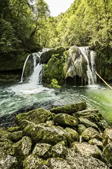 Waterfall In France Drucke: Waterfall and mossy rocks, Source de la Loue